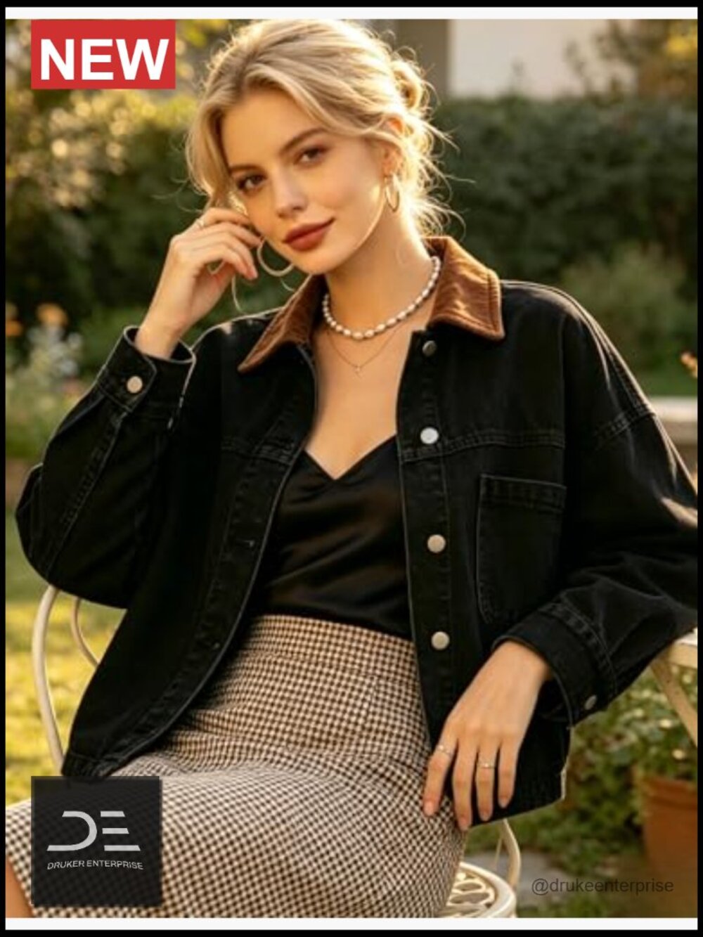 Cropped Oversized Denim Jacket Color Block Patchwork Long Sleeve Trucker Coat - Picture 7 of 7